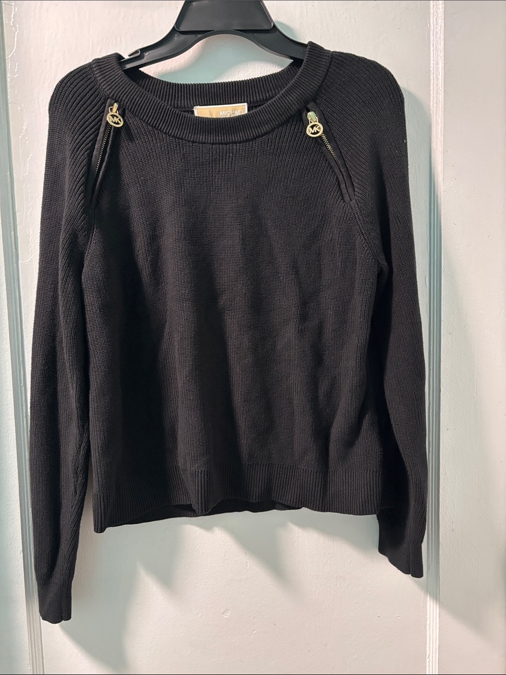 Michael Kors Black Crewneck Sweater with Gold MK Shoulder Zips